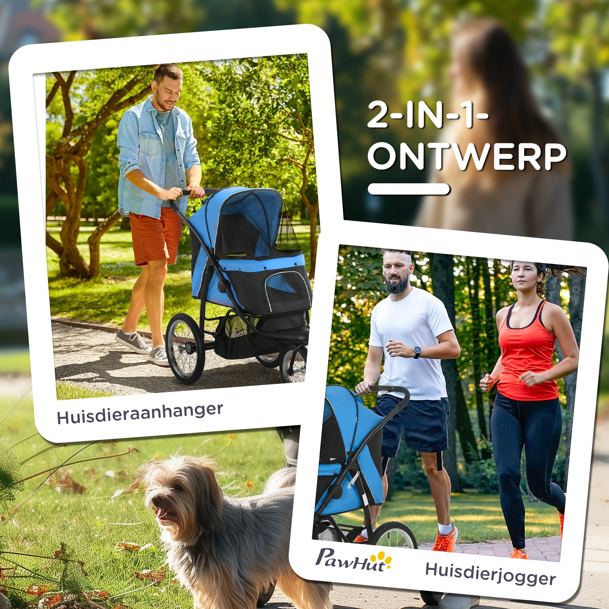 PawHut hondenkinderwagen, opvouwbaar, zonnescherm, gaasvenster, opbergmand, blauw, 111 x 58 x 107 cm