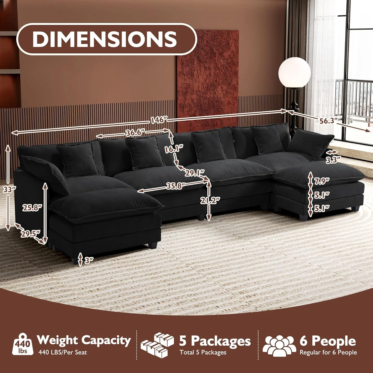 111.4 Inch L-Shaped Modern Sofa Modular Cloud Sofa Ottoman 4-Seater Chenille Deep Seat Sofa