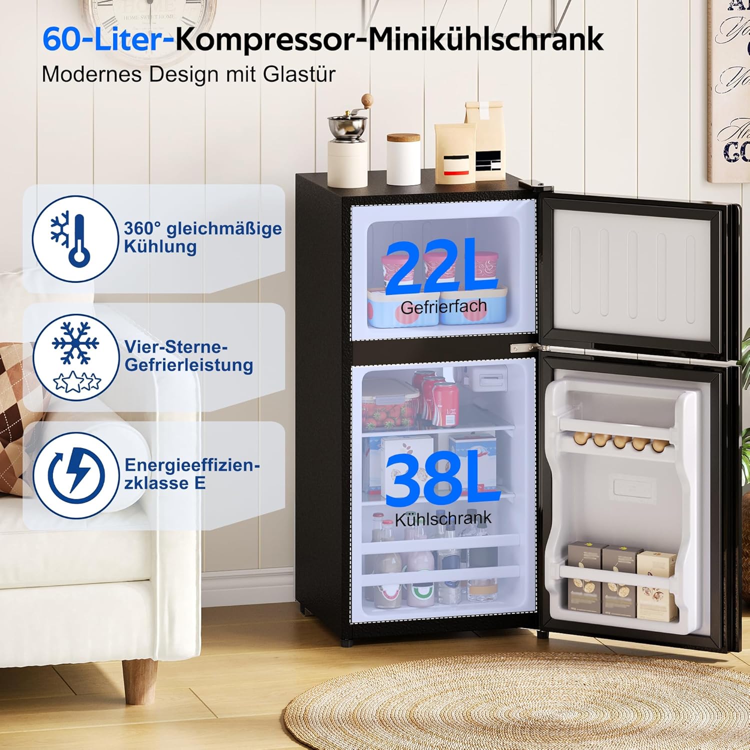 Merax Kühlschrank mit Gefrierfach, 60L Kleiner Kühlschrank, kompakt, Glastür, LED-Innenbeleuchtung, manuelle Temperaturregelung, Glasablagen, 45 dB(A), Mini Fridge für Studentenwohnheim Büro, Schwarz