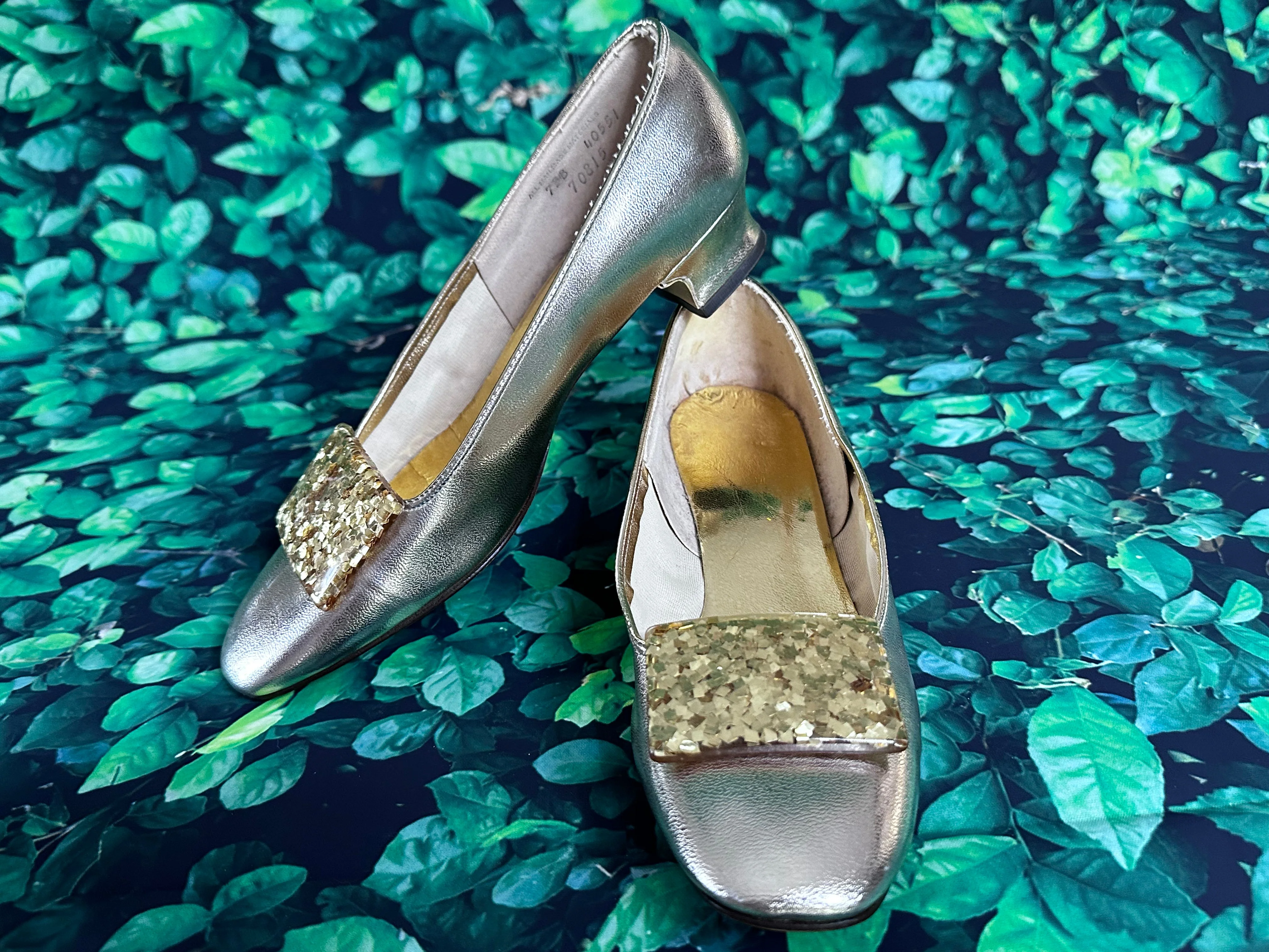 1960s Treadeasy Gold Party Shoes With Lucite Confetti Buckle