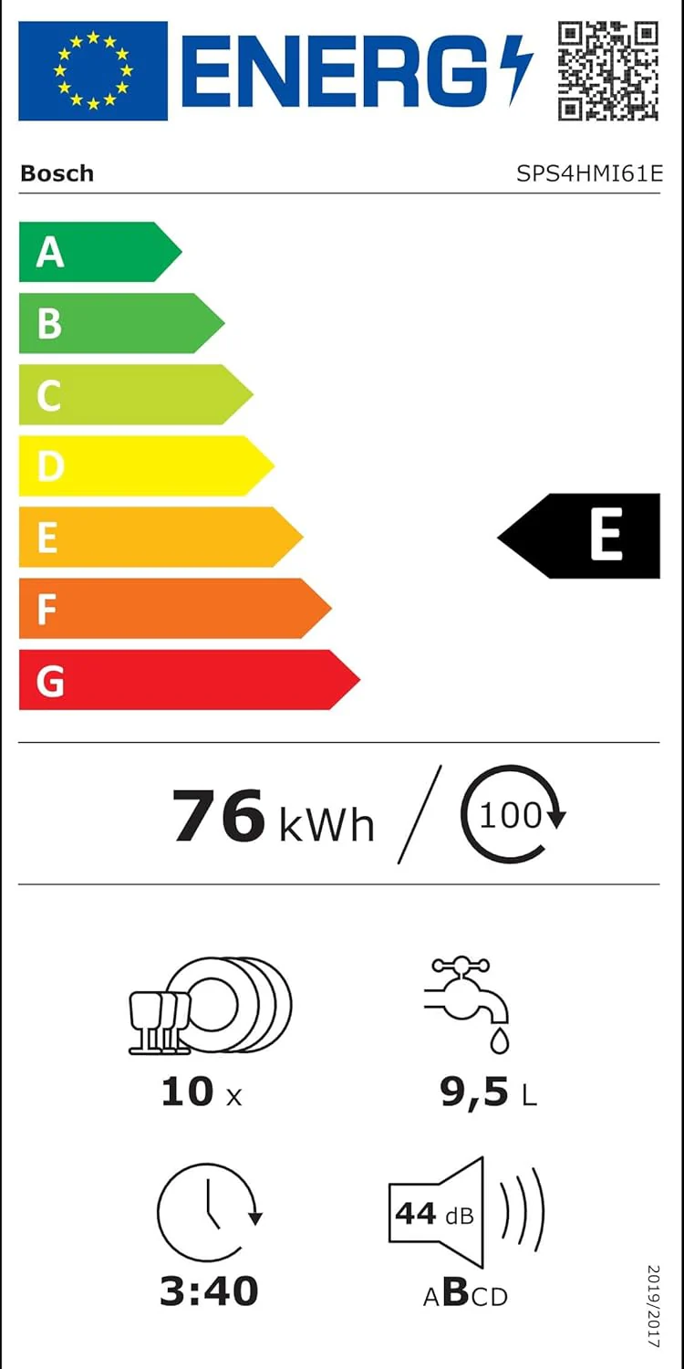 Bosch SPS4HMI61E Serie 4 Lavastoviglie a libera installazione / E / 45 cm / Acciaio inox / 76 kWh/100 cicli / 10 coperti / SuperSilence / Extra asciugatura / VarioCassetto / Home Connect