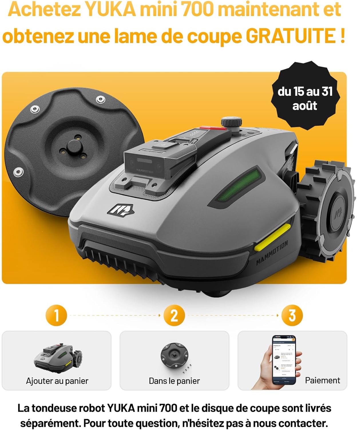 MAMMOTION YUKA Mini 700 Robot Tondeuse sans Fil Périphérique, NetRTK+Vision, Aucune Antenne RTK Requise, Jusqu'à 700 m², Pente à 50%, Cartographie Automatique, avec Module 4G