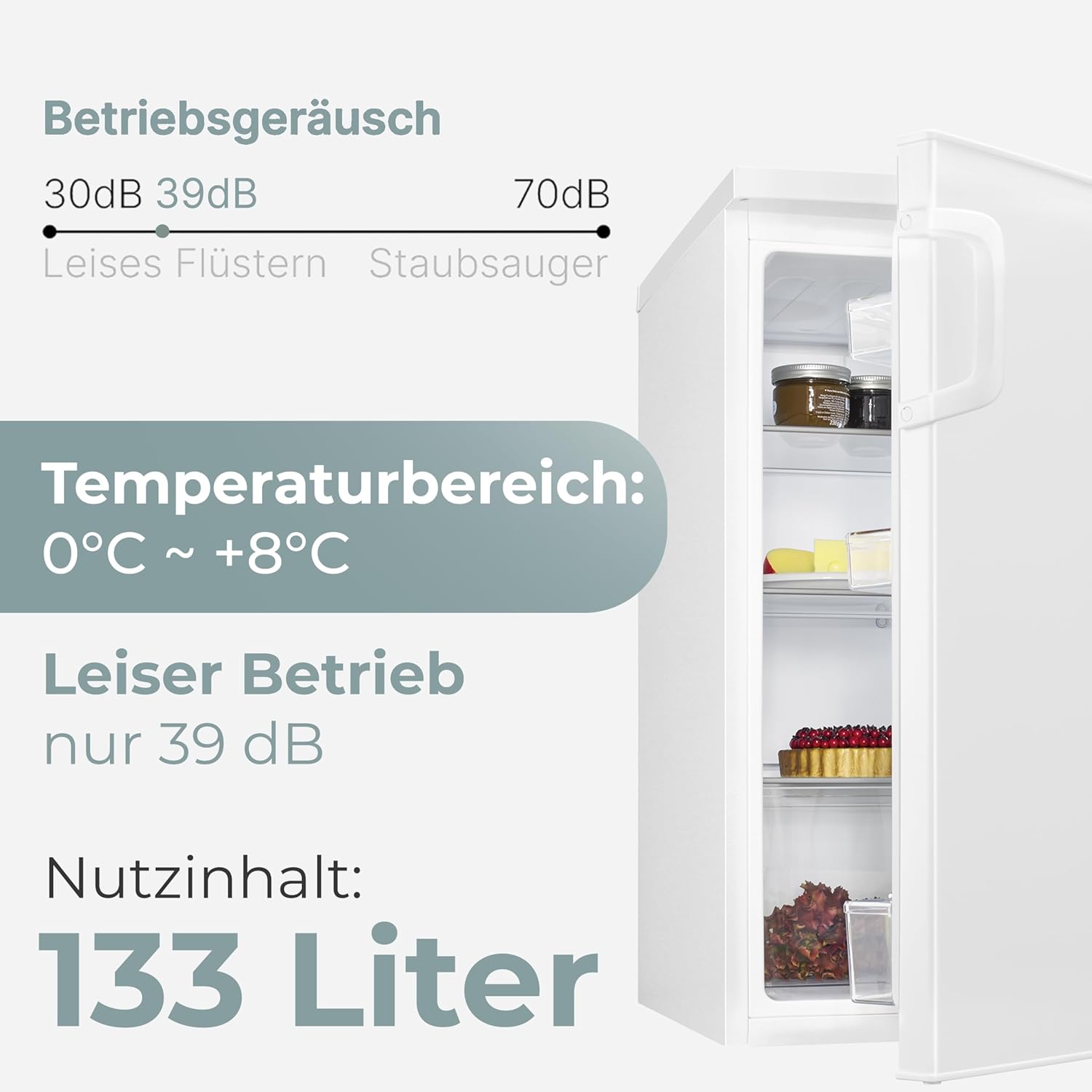 Clatronic® Kühlschrank ohne Gefrierfach | Energieklasse D | 84,5cm | Vollraumkühlschrank | leise 39dB | Türanschlag wechselbar | 0°C - 8°C | 133L | Kühlschrank klein mit Gemüsefach | VS 100 weiß