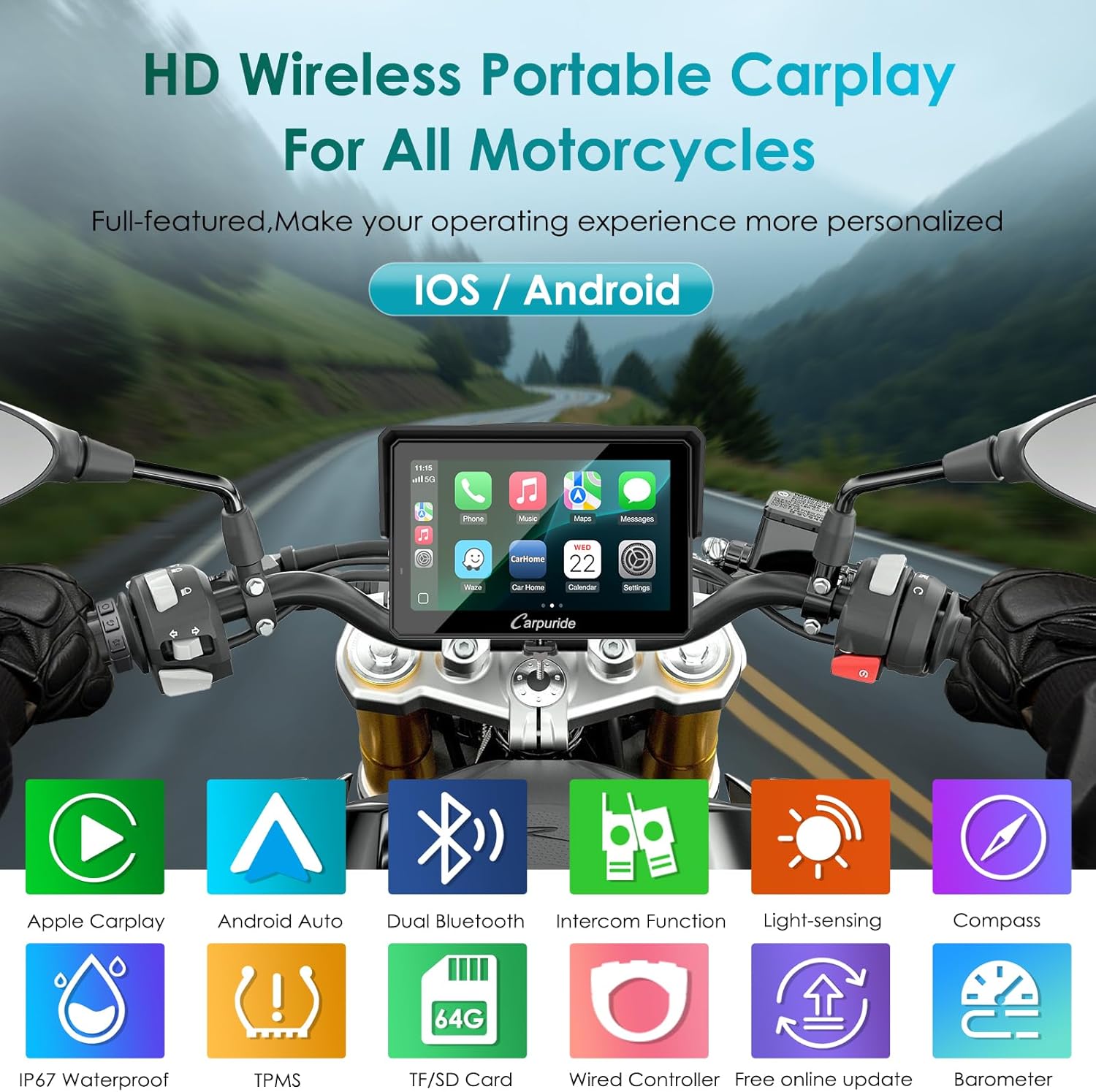 Carpuride W502S Pro - GPS inalámbrico para Motocicleta, Carplay/Android Auto, Pantalla táctil Impermeable de 5