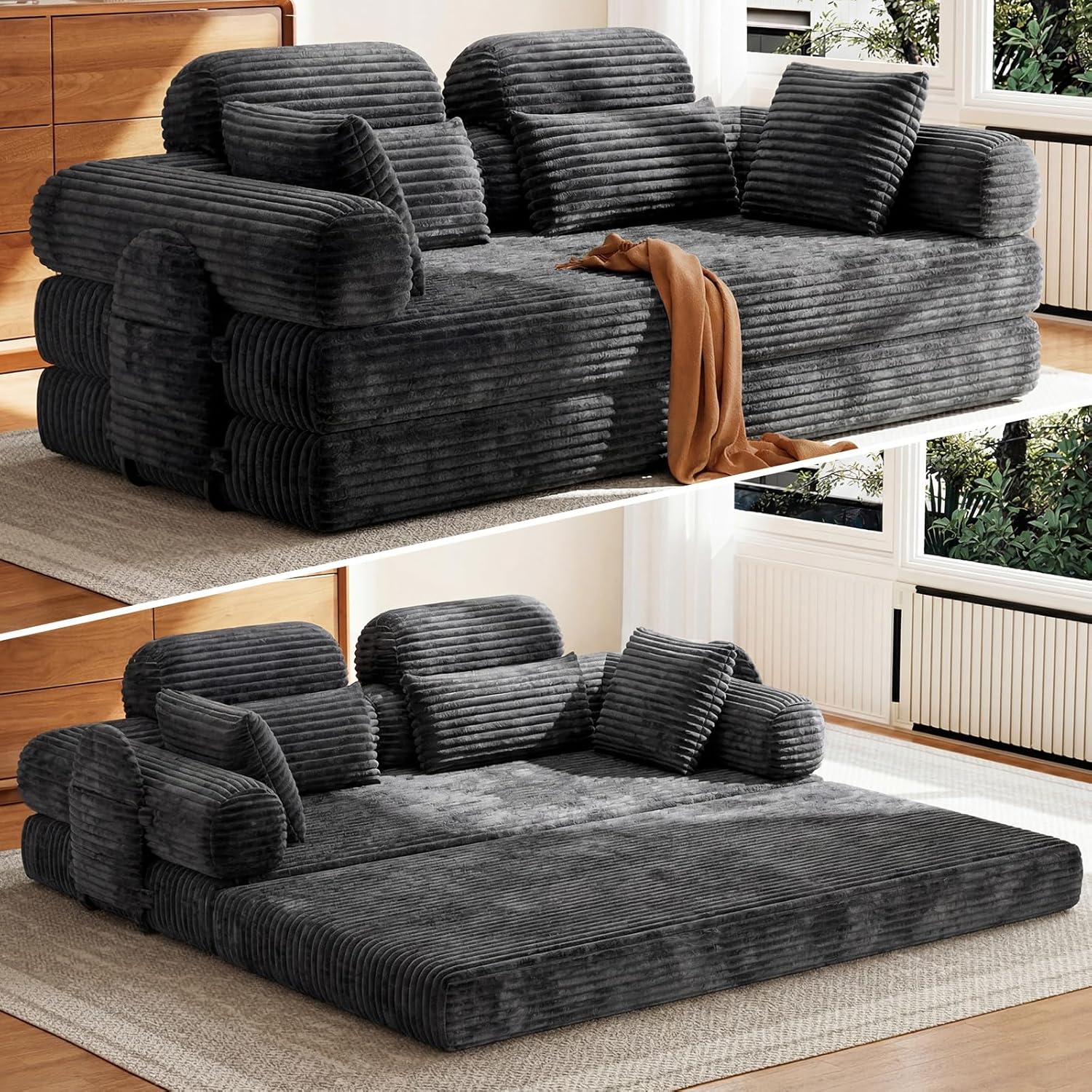 HOMRELEXA Schlafsofa 200cm Breit, Boneless Couch, Bodensofa Bed mit Hohe Rückenlehne, Abnehmbare Integrierte Kopf- und Lendenstütze, 2 Zierkissen, Seitentasche, Cord Sofa mit schlaffunktion, Grau | Hohe Rückenlehne, 2 Zierkissen, Abnehmbare Armlehnen