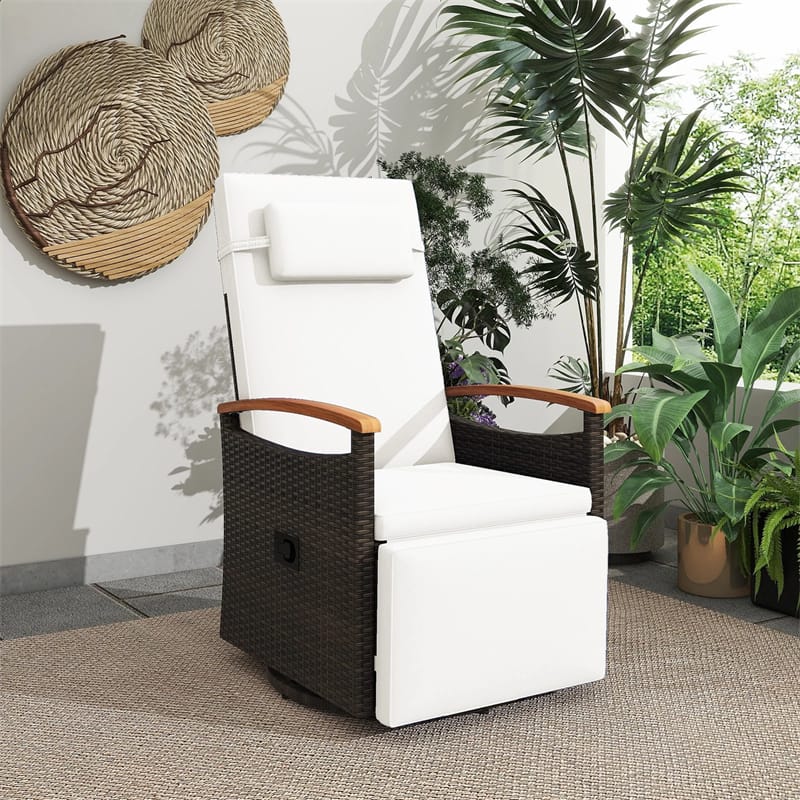 Outdoor Rattan 360° Swivel Recliner Chair, Patio Wicker Chaise Lounge Chair with Adjustable Backrest & Footrest, Flip Side Table & Cushions