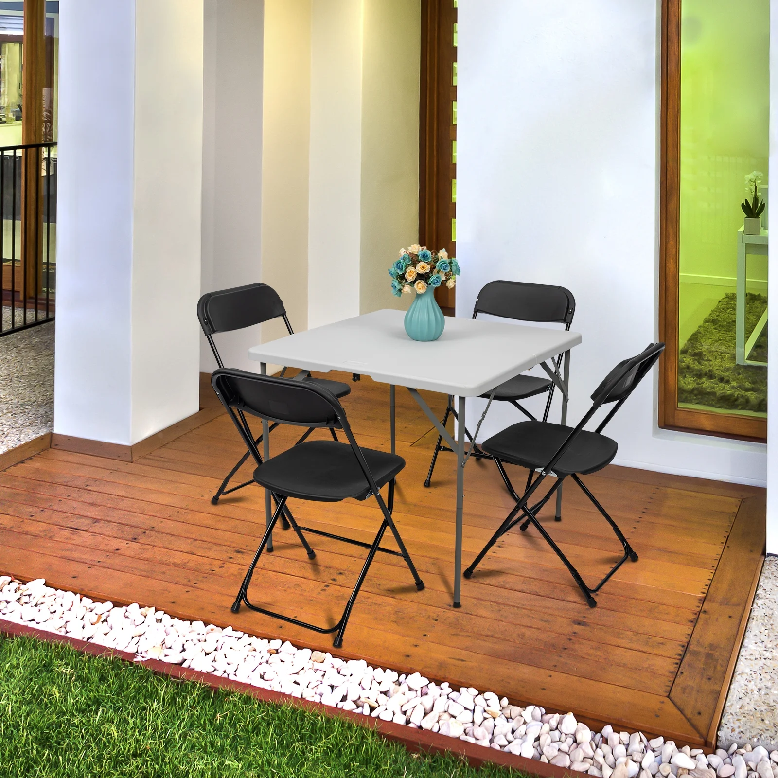 Ktaxon 6ft White Folding Table and 10 Pack Folding Chairs Black, Plastic Table and Chair Set