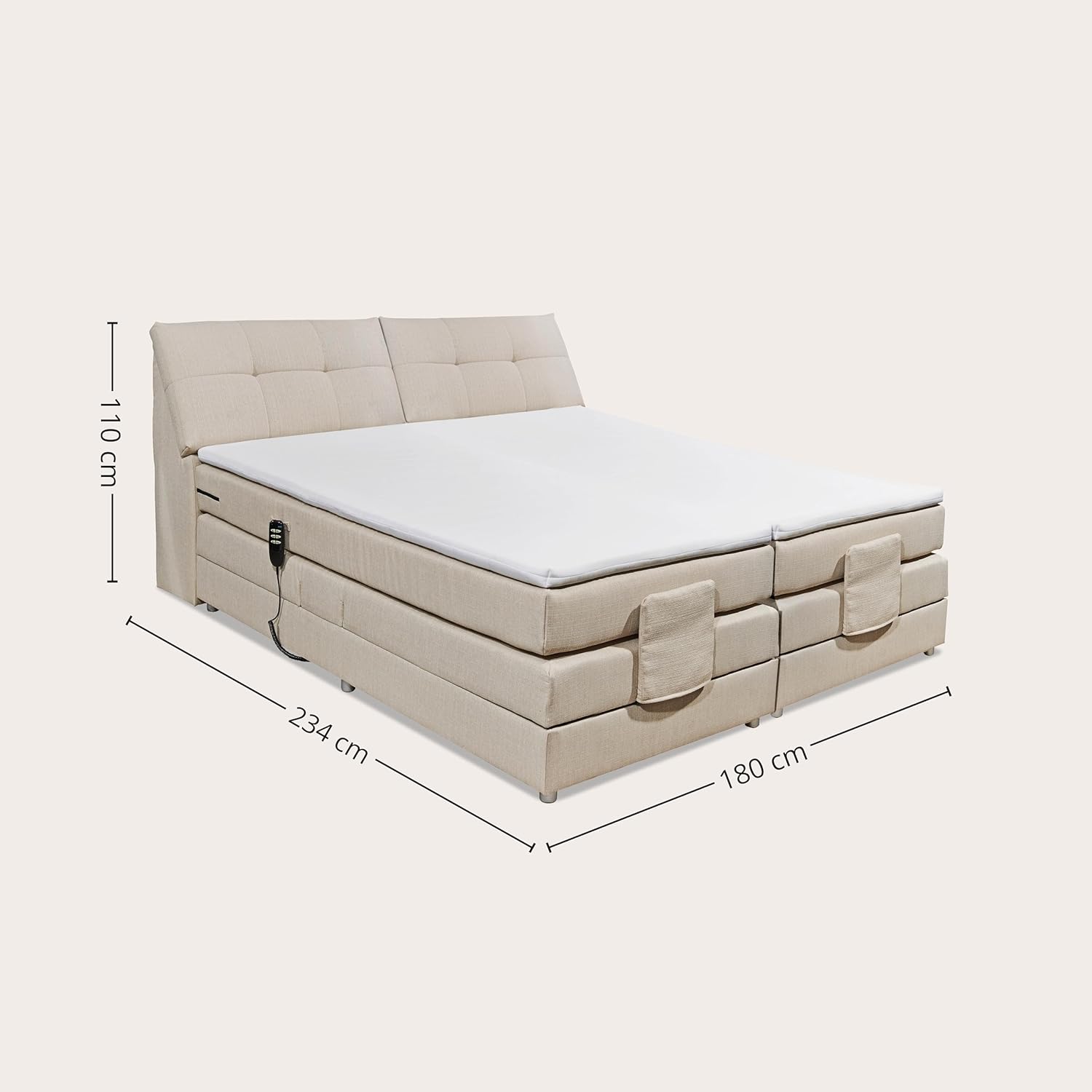 CARPINO Boxspringbett 180x200 elektrisch verstellbar, Creme - Bequemes Doppelbett mit dekorativer Steppung & Komfortschaum Topper - 180 x 110 x 234 cm (B/H/T)