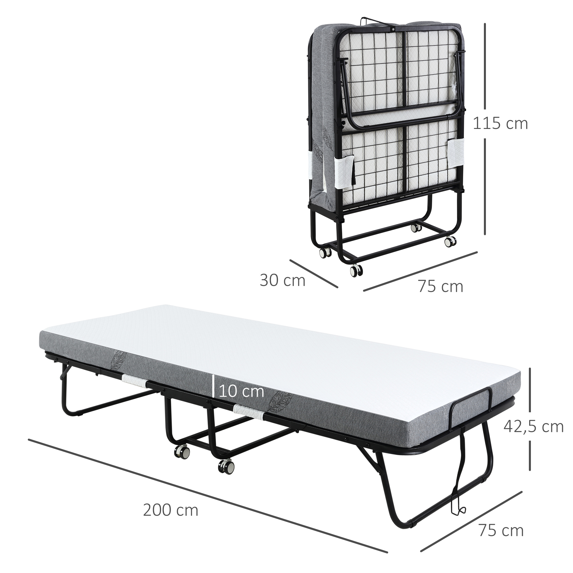 HOMCOM Opklapbaar bed 1 persoons met wielen verstelbaar, tot 150 kg, wit + zwart, 200 x 75 x 42,5 cm | Aosom.nl