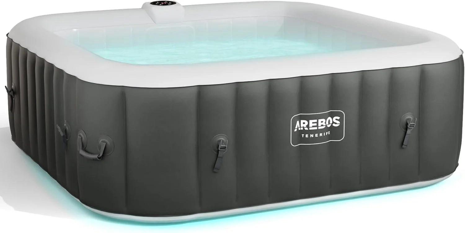 Arebos Whirlpool Inflatable Spa | Hot Tub | 185 x 185 cm | for 6 People | LED Luminous Band | 130 Massage Jets | 910 Litres | Includes Cover | Bubble Massage and Wellness