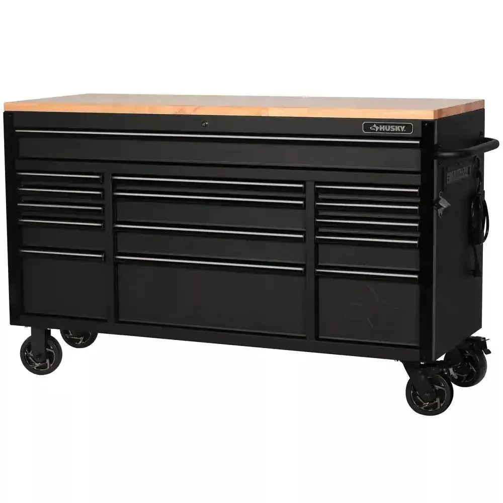 Nagy teherbírású, 15 fiókos mobil munkaasztal tömörfa tetővel, 155 cm (61 in) széles x 58 cm (23 in) mély