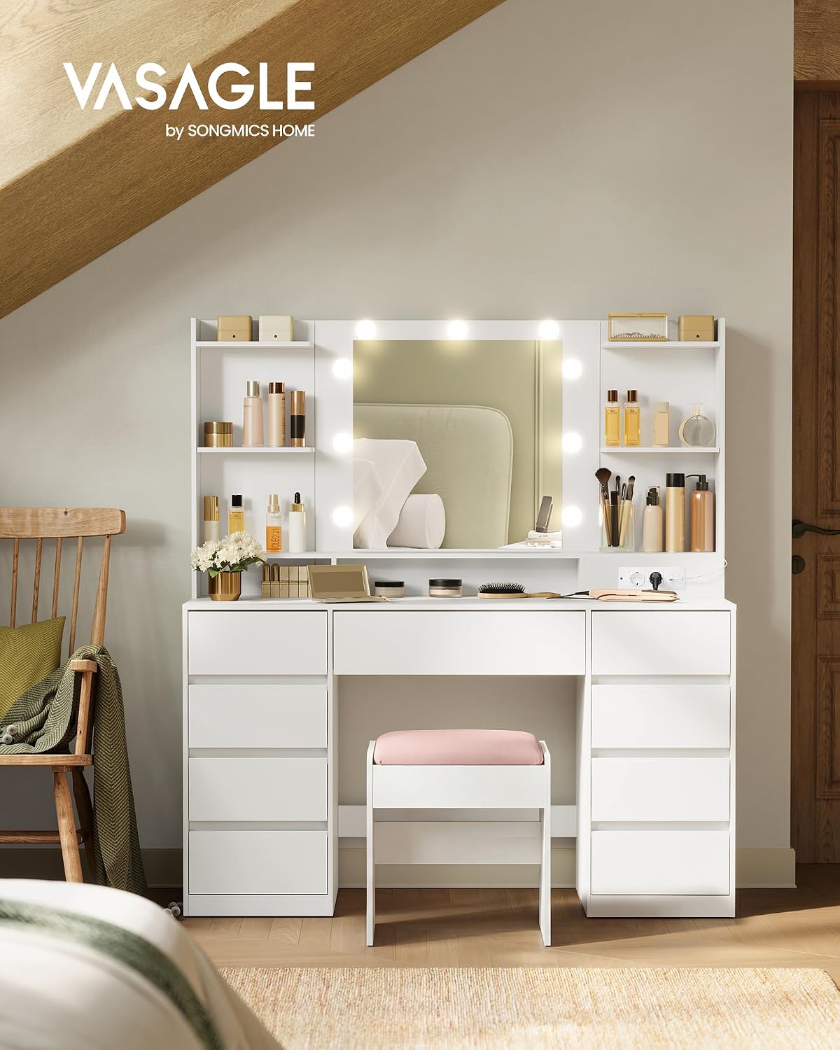 VASAGLE Kailyn Kollektion - Schminktisch mit Spiegel und LED-Leuchten, Hocker, Steckdosenleiste, 9 Schubladen, 9 dimmbare Glühbirnen, 3 Lichtfarben, werkzeuglose Gleitschienen, wolkenweiß