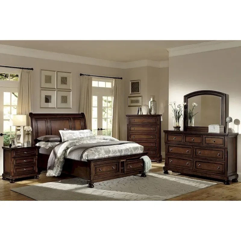 Master Bedroom Set 6pc Classic Brown Cherry Finish Platform Storage Bed