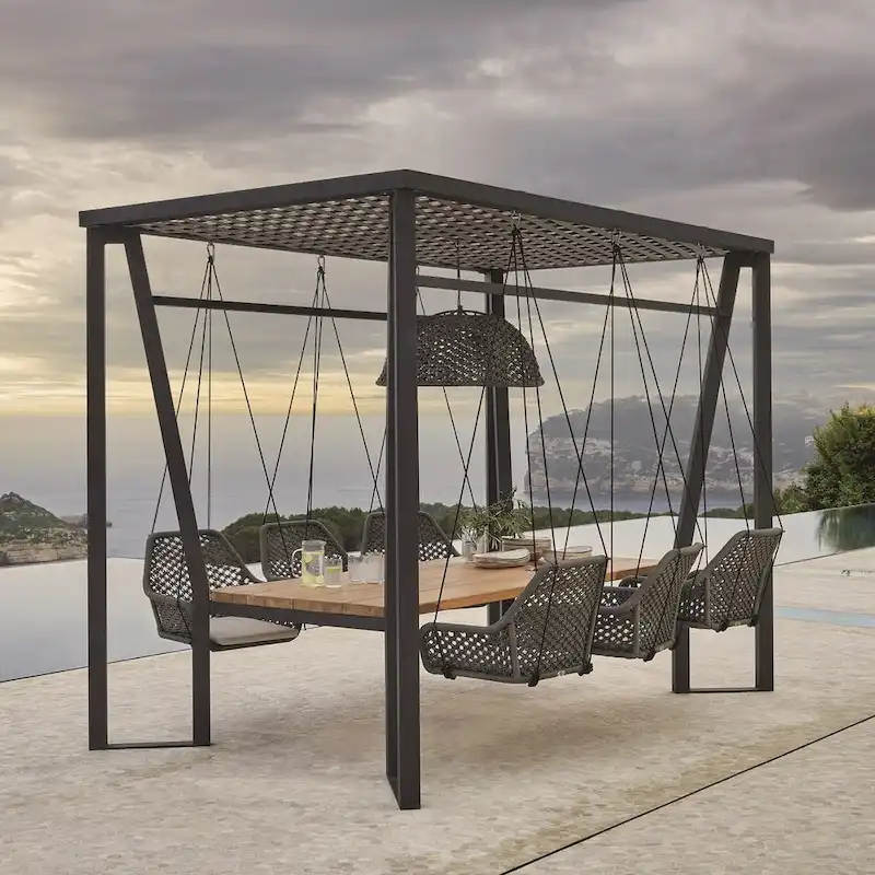 Skyline Design Horizon Pergola with Lamp, Hanging Chairs & Teak Table