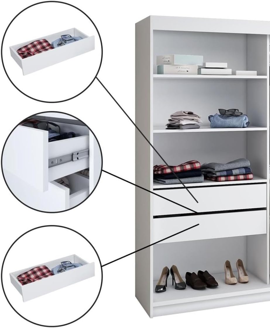 A&J MöbelLand Schwebetürenschrank ULMI Kleiderschrank 200 cm mit Spiegel und Schubladen, moderner Schlafzimmerschrank mit Schiebetüren (Weiß) OZ2190958