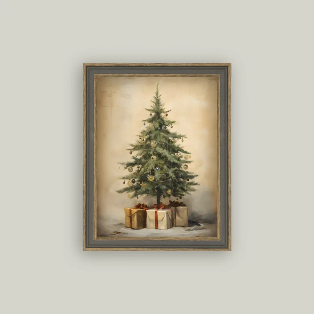 Christmas Tree With Presents Framed Antique Inspired Art