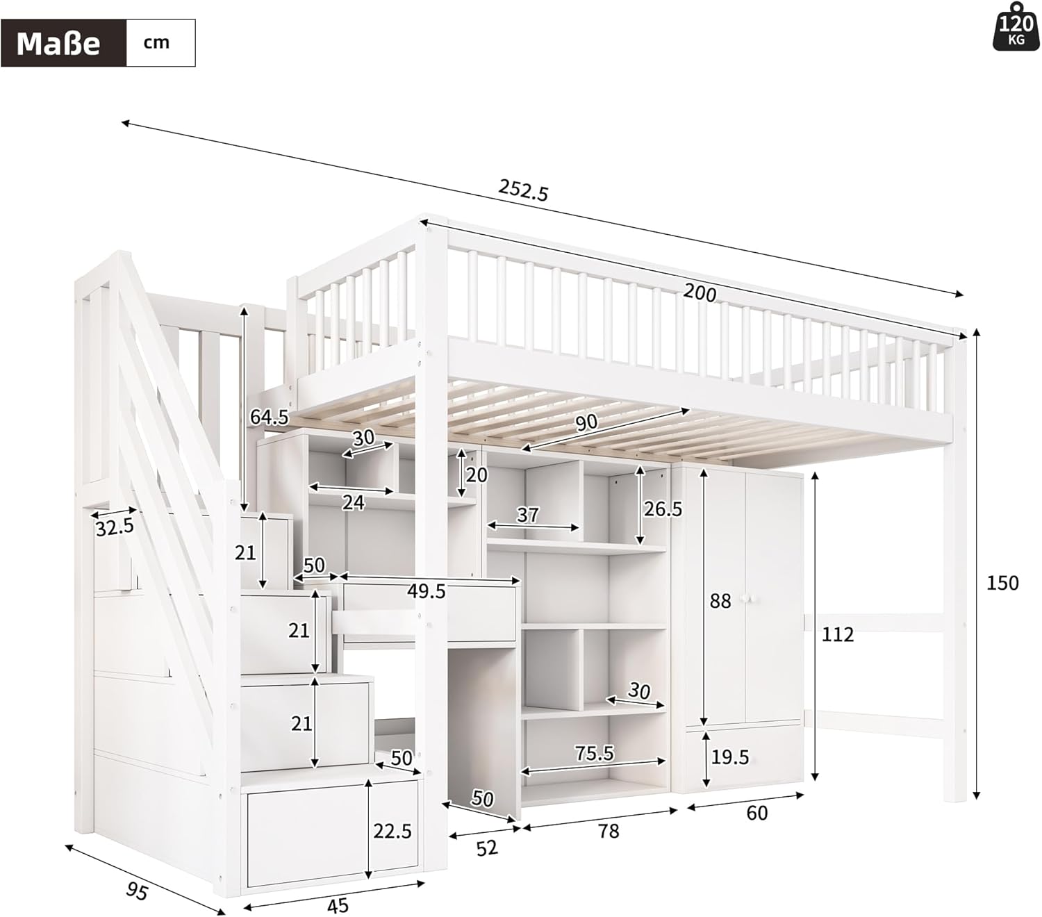 Kinderbett 90x200 cm, Hochbett mit Kleiderschrank Schreibtisch und Treppe, Einzelbett mit Schubladen und Schließfach, Funktionsbett Kinderhochbett Jugendhochbett mit Rausfallschutz & Lattenrost, Weiß