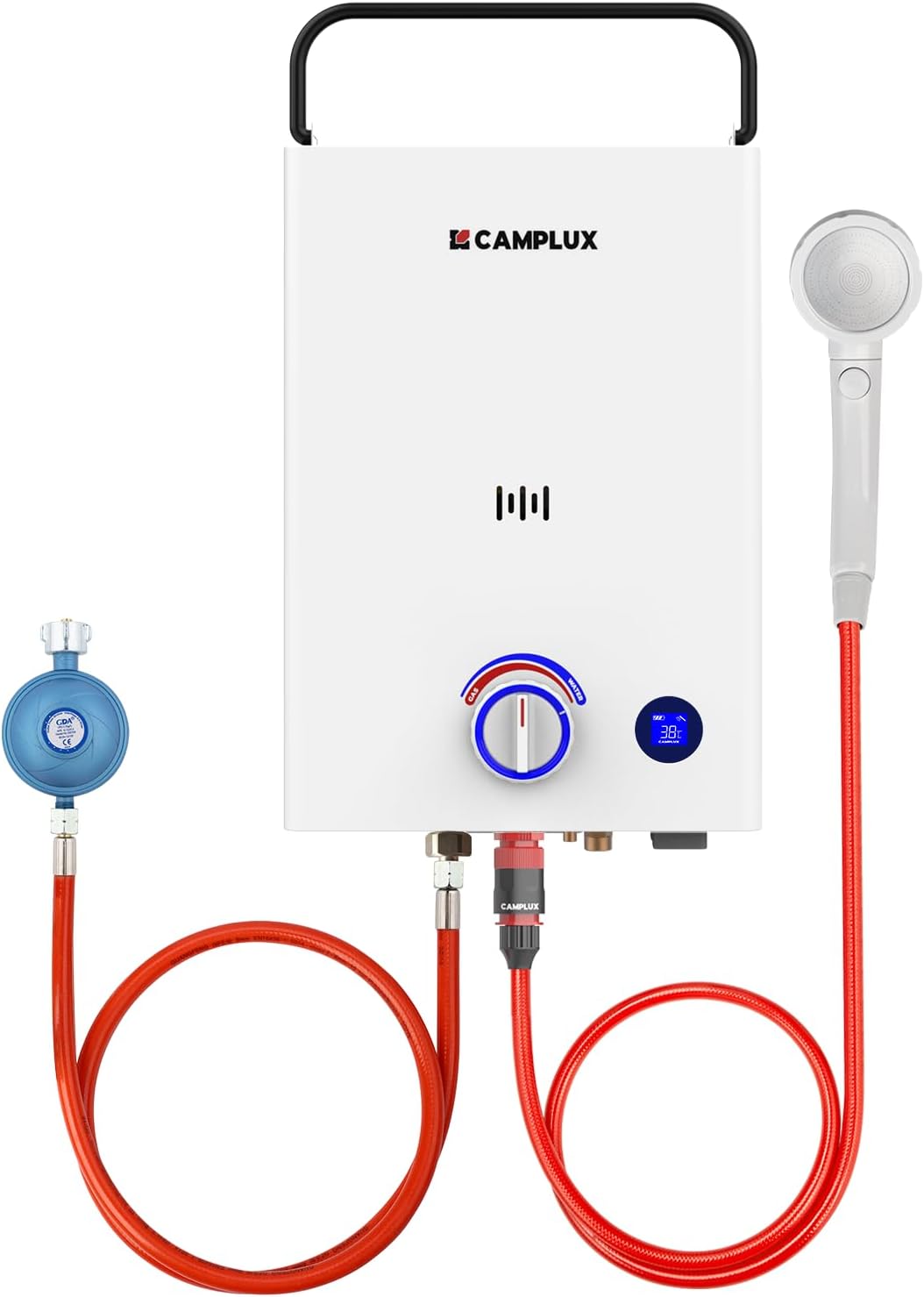CAMPLUX 10 Liter Gasdurchlauferhitzer mit 3-stufig Verstellbarem Griff F10-DE, LPG, 50mbar, für Campingdusche/Wohnmobilausflug, Serie First