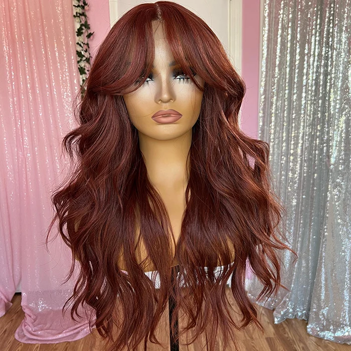 Curtain Bangs Copper Brown Body Wave Human Hair Wig 13x4/5x5 HD Lace Closure Human Hair Wig