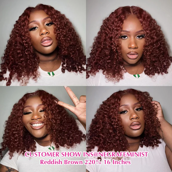 220% Reddish Brown Glueless Deep Curly Pre-cut HD Lace Wig Upgrade 8X5 Lace Short Layered Cut Bouncy And Fluffy Curly Wig