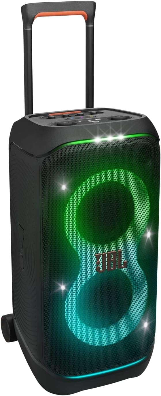 JBL Partybox Stage 120 fekete színben – Hordozható Bluetooth hangszóró JBL Pro Sounddal, fényshow-val, AI Sound Boost funkcióval és teleszkópos fogantyúval – 12 óra üzemidő