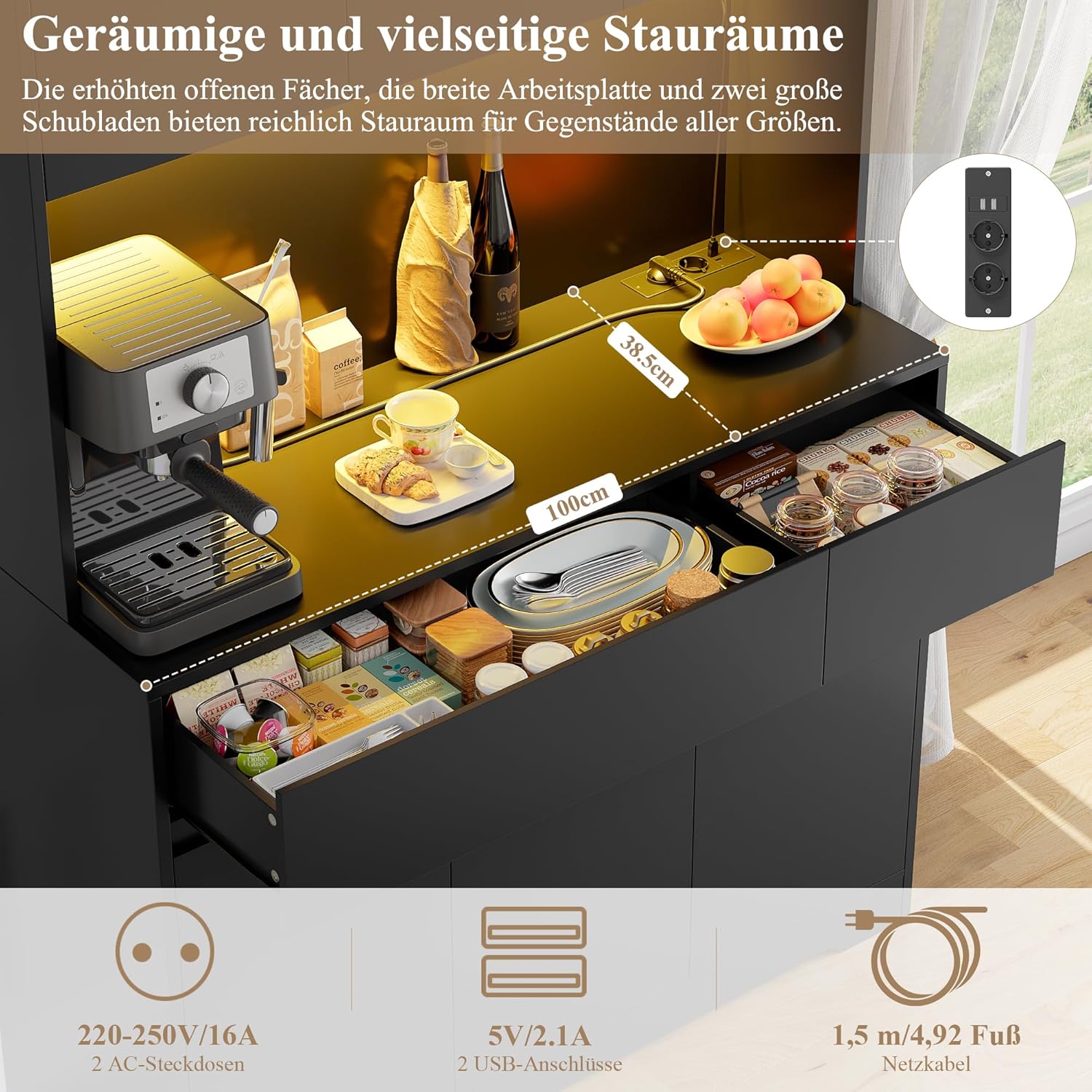 FirFurd Küchenschrank Buffetschrank mit LED und Steckdose Küchenschrank mit Arbeitsplatte Sideboard für Küche Wohnzimmer Esszimmer Küchenbuffet 180x100x38,5cm schwarz