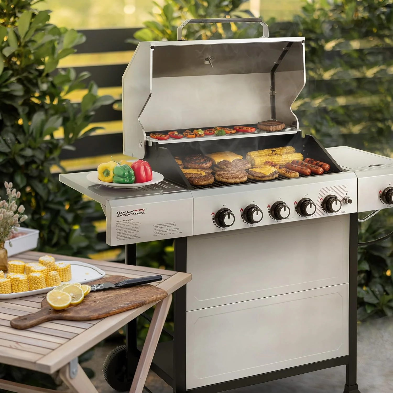 Royal Gourmet GA5401T 5 égős BBQ propán gázgrill oldalsó égővel, rozsdamentes acél, 61 000 BTU teljesítmény teraszra, kerti piknikre, udvari főzéshez, ezüst