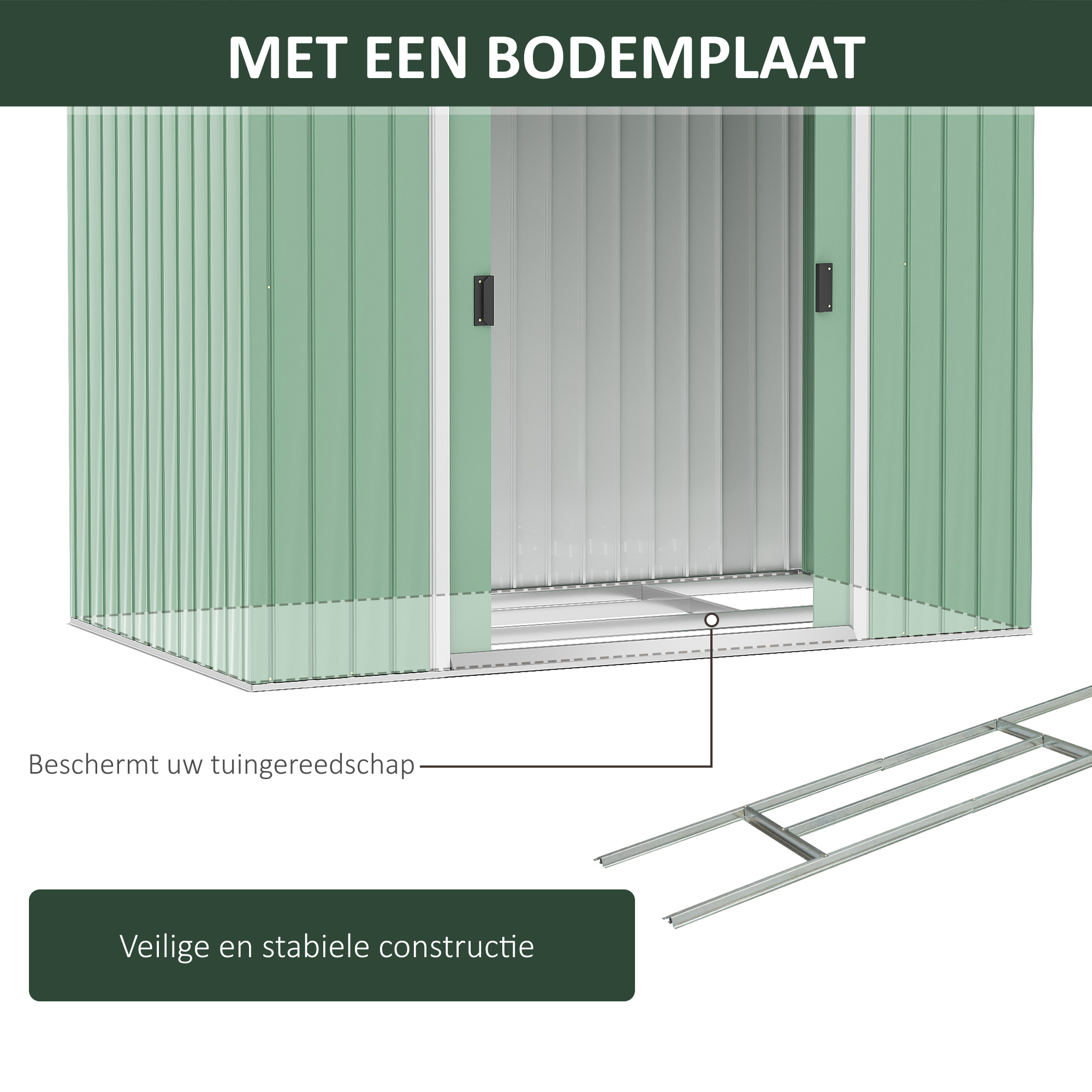 Outsunny gereedschapsschuur, tuinhuisje, met schuifdeuren, fundering, weerbestendig, staal, groen, 213 x 130 x 185 cm