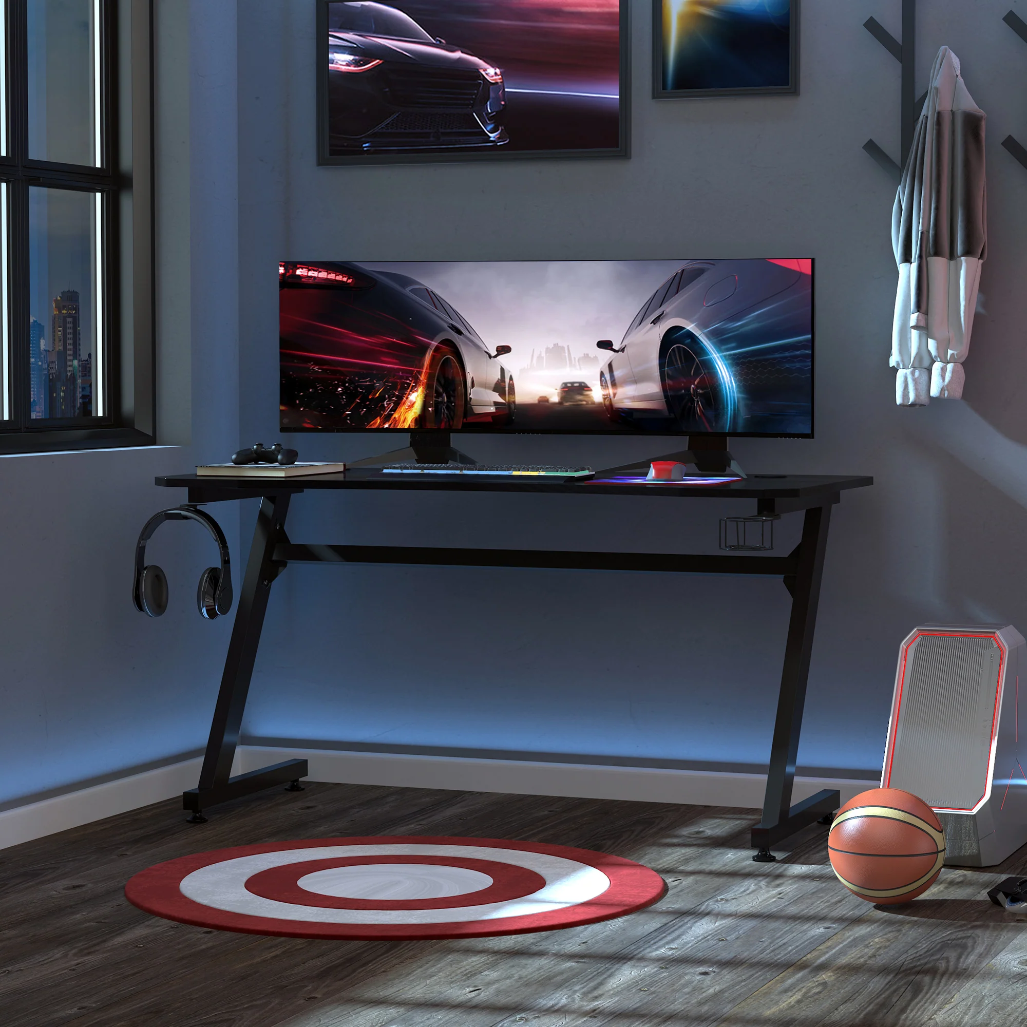 Easycomfort Scrivania da Gaming in Legno e Acciaio con Passacavi, Scrivania per Computer Portabicchieri e Gancio per Cuffie, Nero,120x65x74.5cm