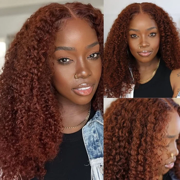 Skin Melt HD Lace 13x4 Curly Human Hair Wig #33 Red Brown Auburn Color Wig For Women