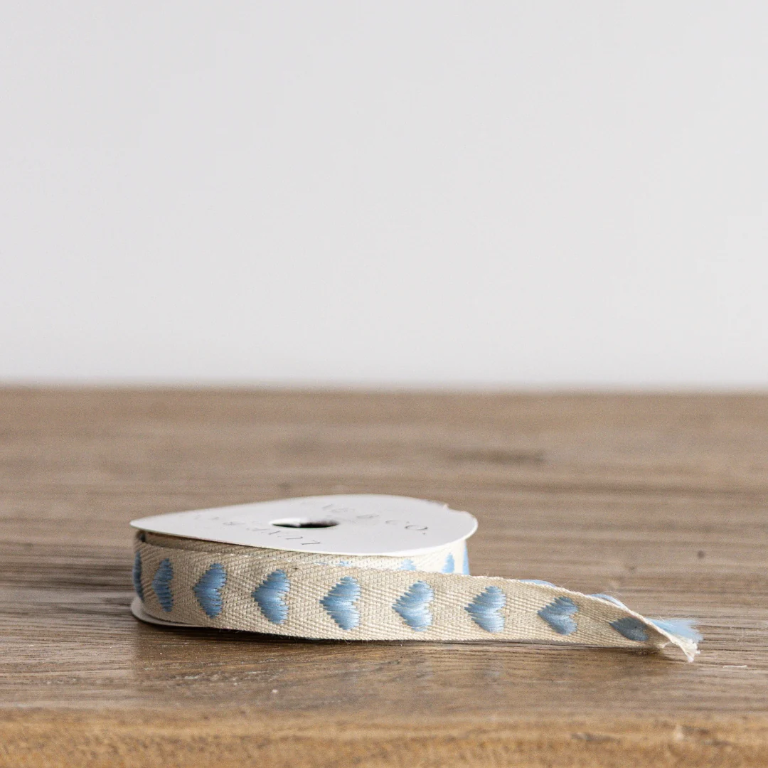 Soft Sky Blue Hearts Woven Ribbon