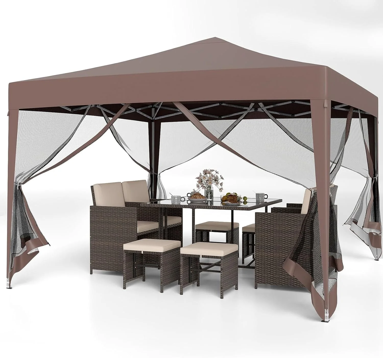 Goplus 10 FT x 10 FT Pop-Up Canopy Tent, Easy Setup Instant Folding Shelter w/Mesh Netting, Carry Bag, 8 Stakes & 4 Ropes, Height Adjustable Sunshade, Commercial Tent for Camping (Coffee)
