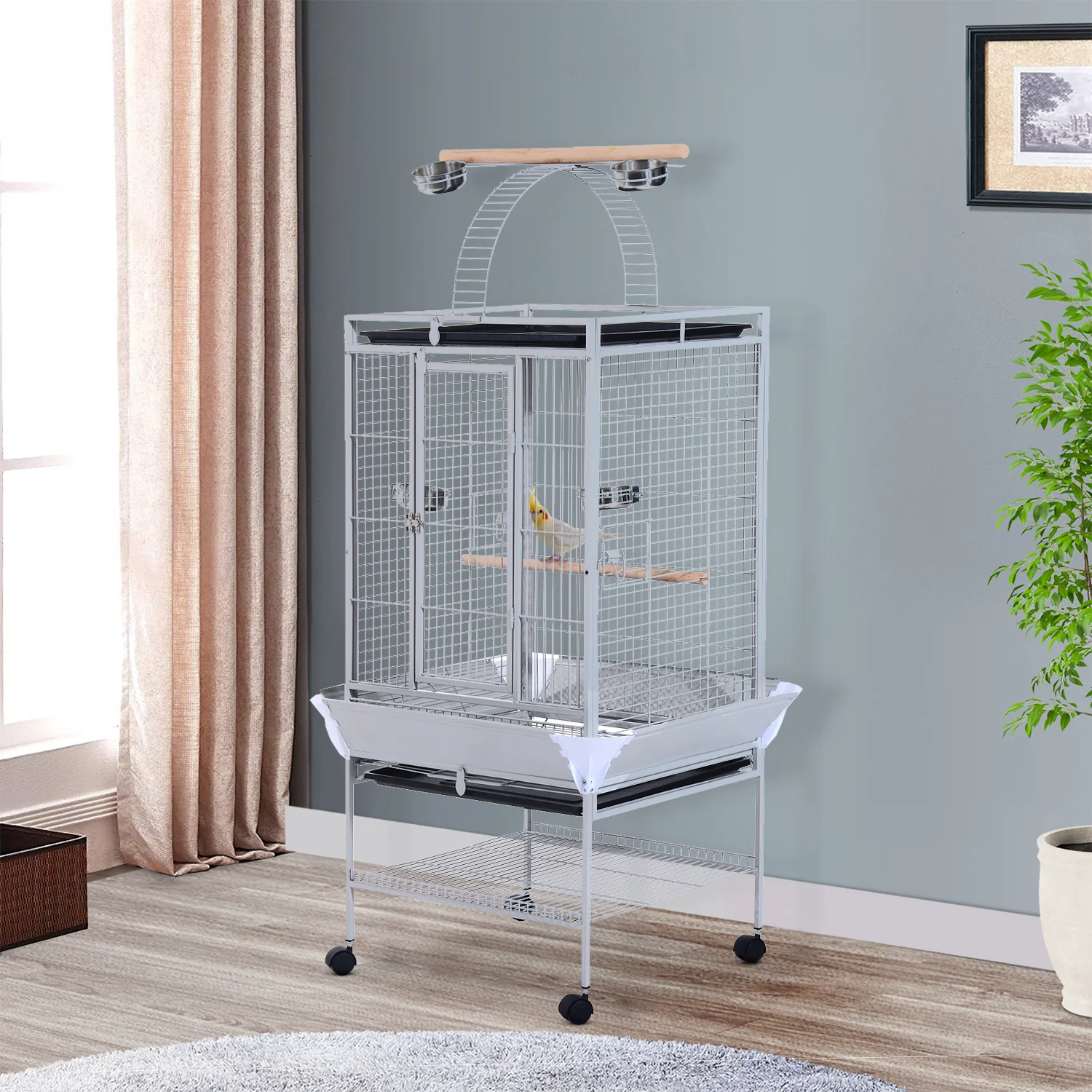 Easycomfort Voliera per Uccelli con Ruote Altezza 161.5cm, Vaschette in Acciaio e Trespoli in Legno, Argento