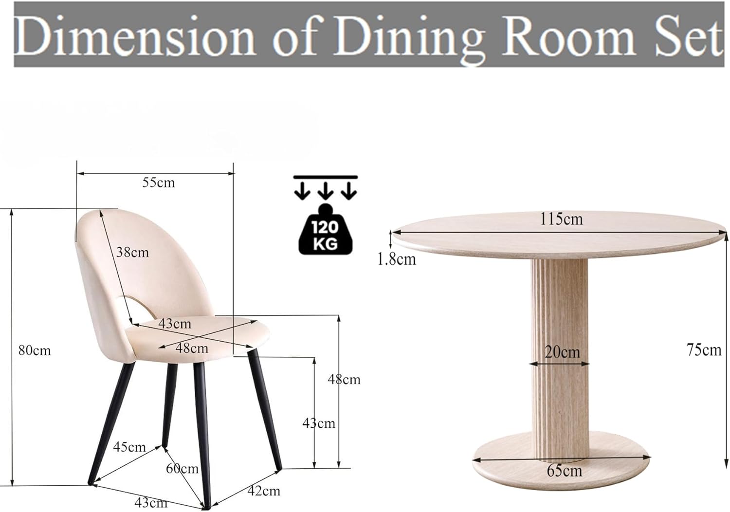 115cm Runder Esstisch mit 4 Esstischstühlen, Küchentisch aus MDF (Travertin-Maserung) und 4 Stühle für Küche, Esszimmer, Wohnzimmer und Büro (Beige)