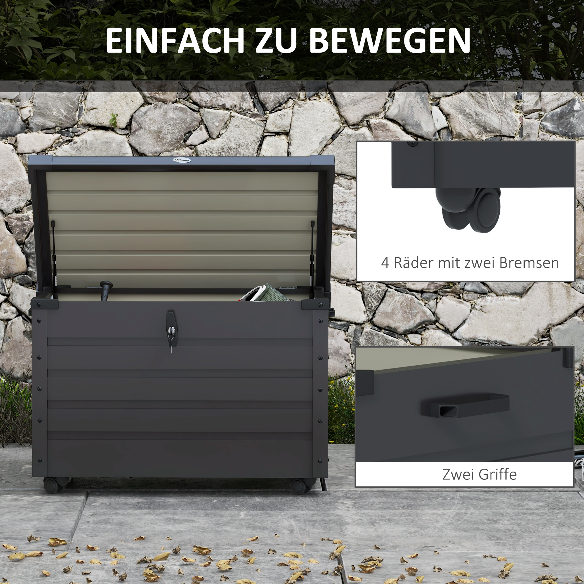 Outsunny Buiten Opbergbox Tuinkist Kussenbox, weerbestendig, 4 Wielen, 100 cm x 62 cm x 65 cm, Donkergrijs