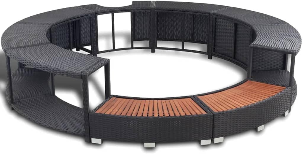 Hommdiy Umrandung mit Stauraum für Whirlpool Spa Schwimmbecken Poolumrandung Poly Rattan Schwarz Hartholz Rund Pulverbeschichteter Stahl Schwarz Schwimmbadwerbung, 41454110