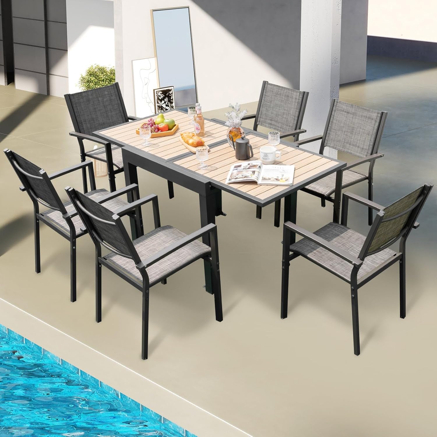 COSTWAY Gartentisch Aluminium ausziehbar, 80/160x80cm, wetterfester Esstisch mit Tischplatte in Holzoptik, rechteckiger Terrassentisch für 4-6 Personen, Ausziehtisch für Garten, Terrasse