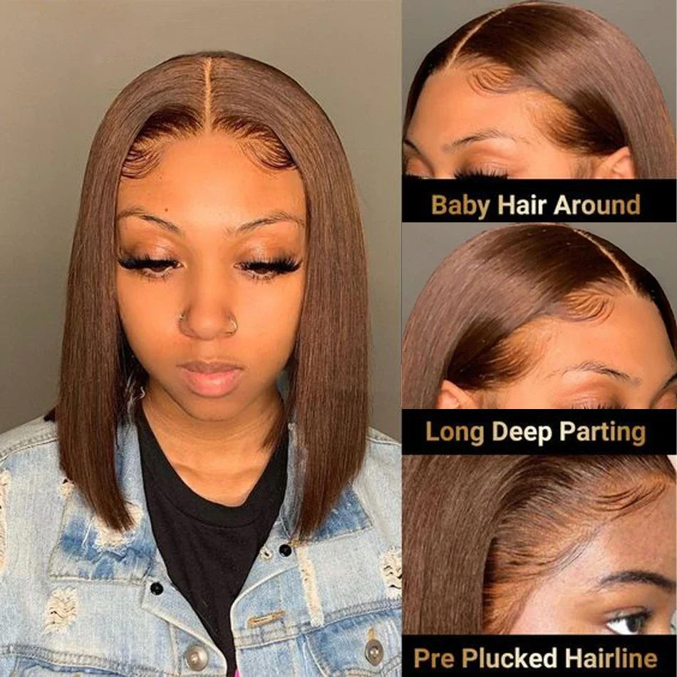 Soft Short Bob Chocolate Brown Straight Hair Lace Front Wig Glueless Daily Wear Wig
