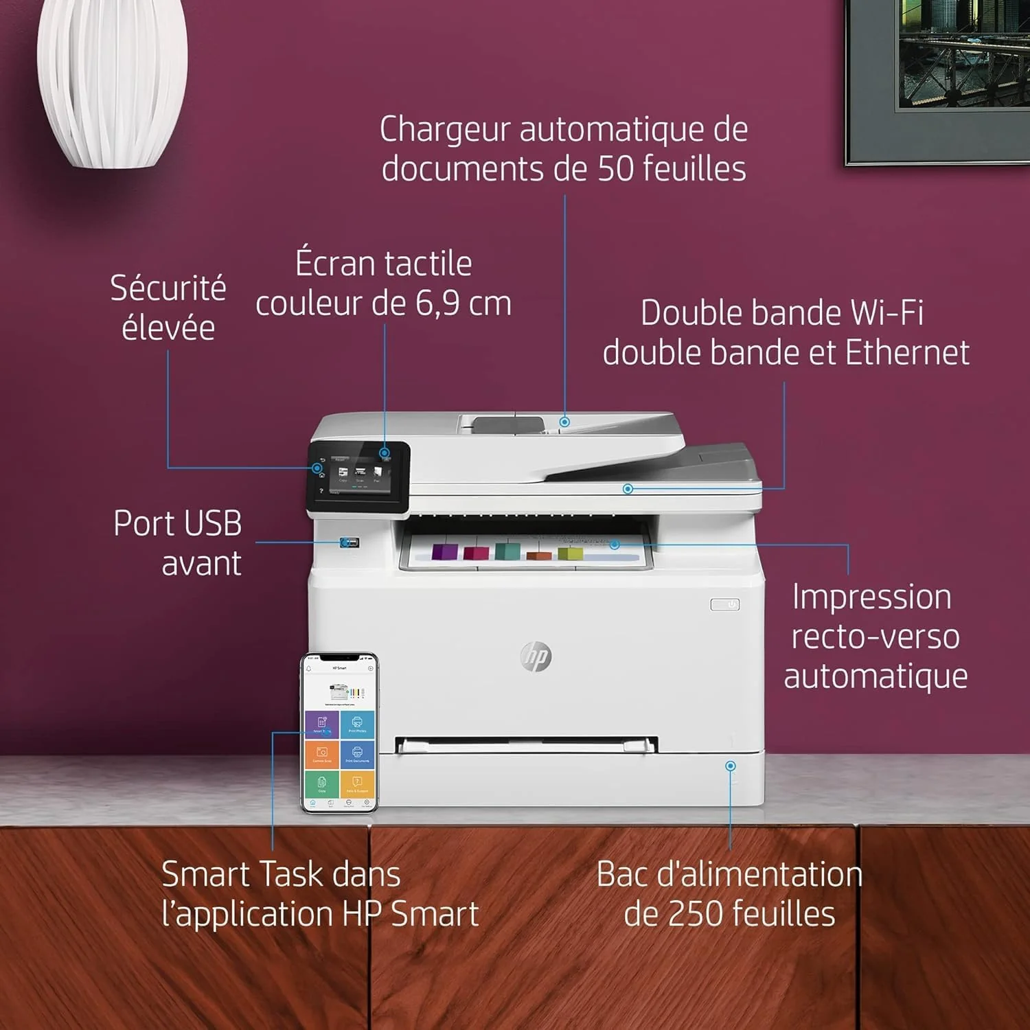 Stampante laser multifunzione a colori HP Color LaserJet Pro MFP 3302fdwg, Fax, Stampa automatica fronte/retro, Touchscreen, Wi-Fi, Ethernet, USB, HP Wolf Pro Security