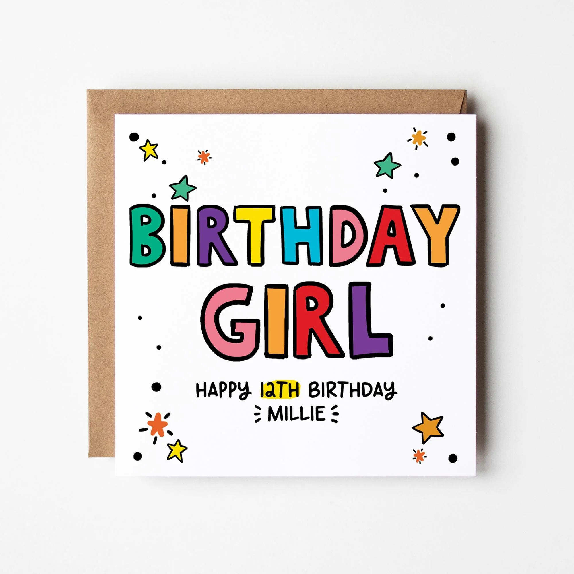 Personalised Birthday Girl Card: Add Age and Name, Kraft Envelope