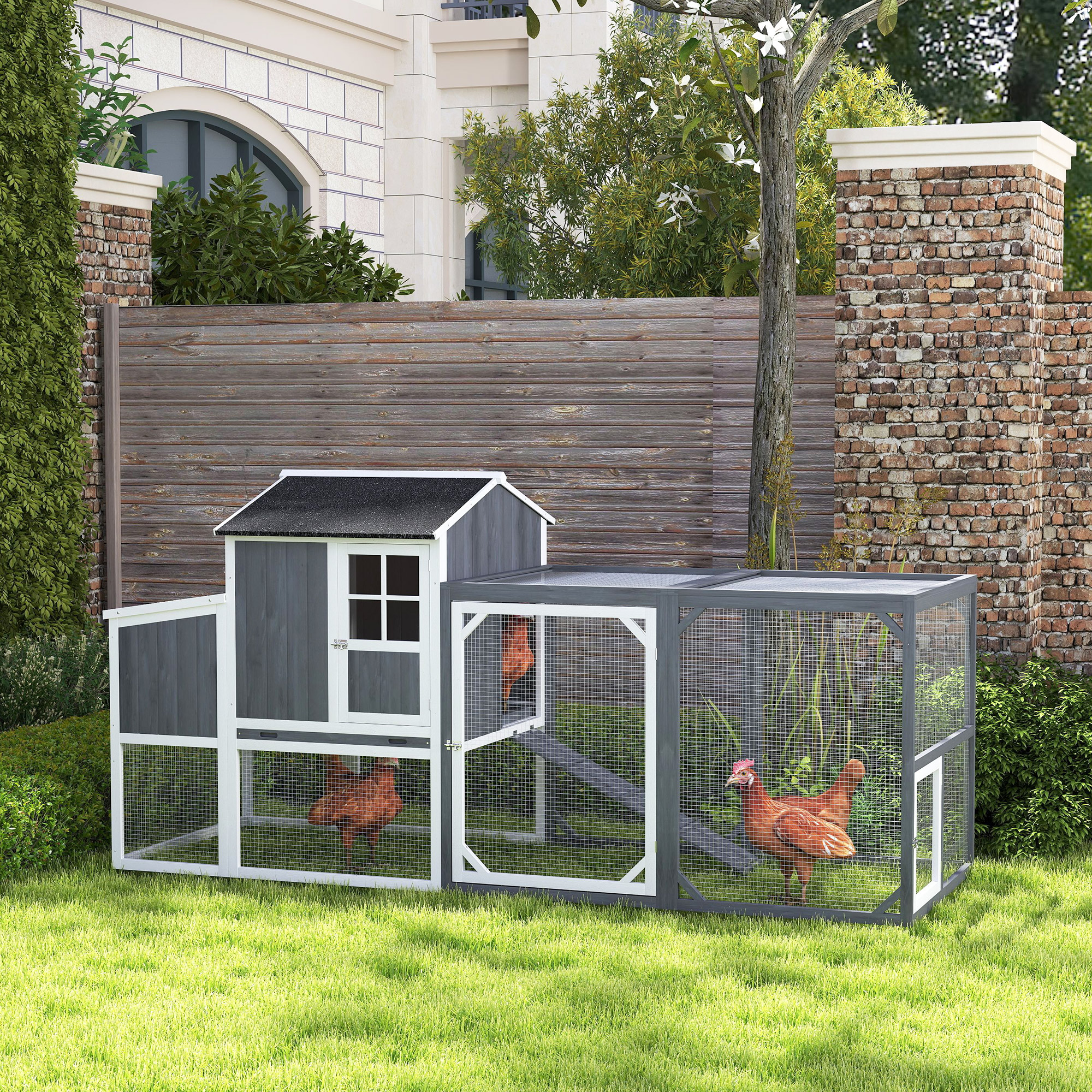PawHut Kippenren met Uitloop voor 3-4 Kippen, 3-Delige Nestkast, 1,9 m² Oppervlak, Dennenhout, Grijs