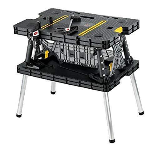 Keter ?C 197283 Folding Table Work Bench for Miter Saw Stand Woodworking Tools and Accessories with Included 12 Inch Wood Clamps ?C Easy Garage Storage Black/Yellow