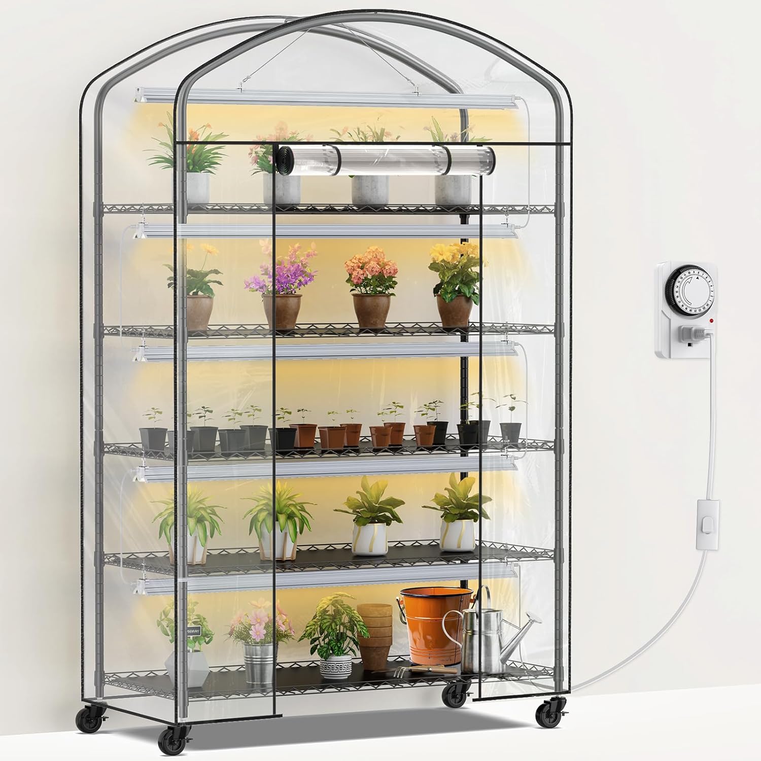 Abimars 5-Tier Greenhouse with Grow Light  Shelf Height Adjustable Metal Plant Shelf with PVC Cover and Wheels  Includes 5-Pack 2900K Full Spectrum Plant Lights  21x49x80inch
