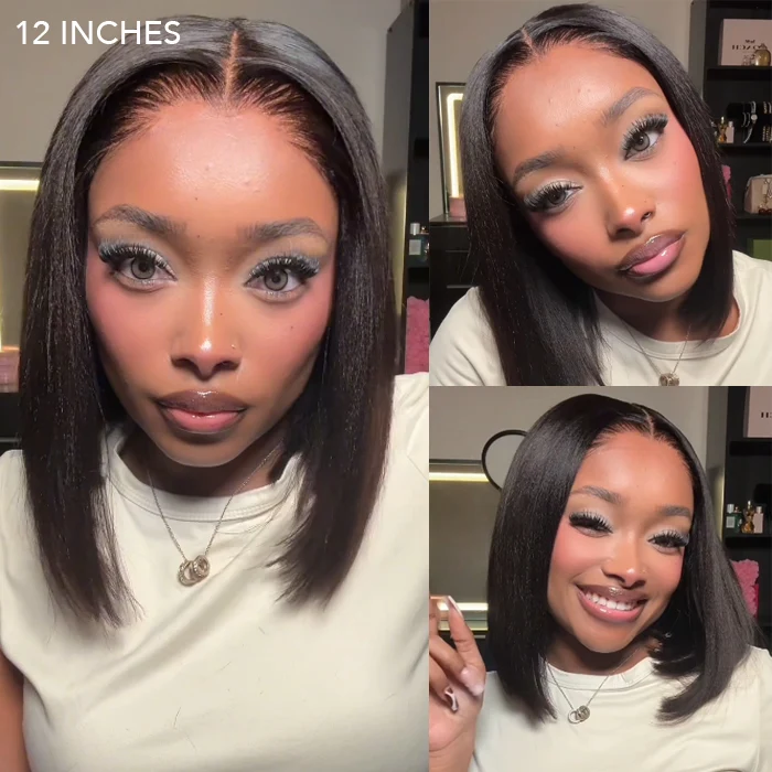 Pull Go Glueless Yaki Straight Bob HD Lace Wig With Drawstring Cap 220% Density Pre Cut Lace Human Hair Wig