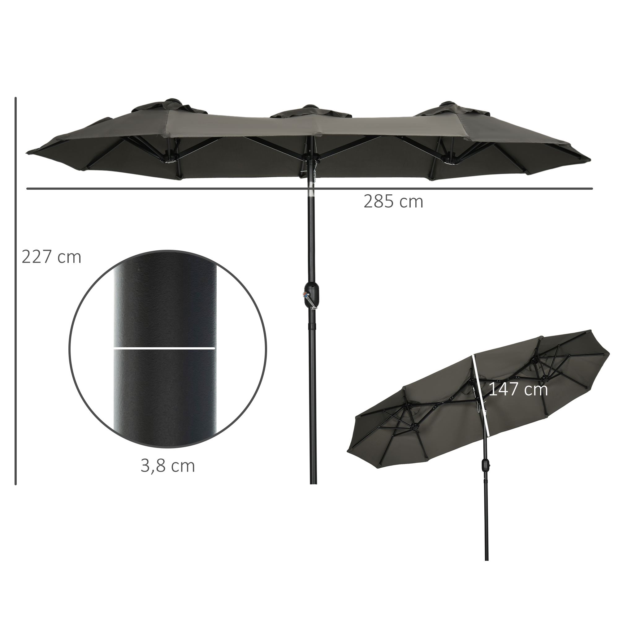 Outsunny parasol, tuinparasol, kantelbaar, met handslinger, winddak, polyester+staal, grijs, 285 x 147 cm