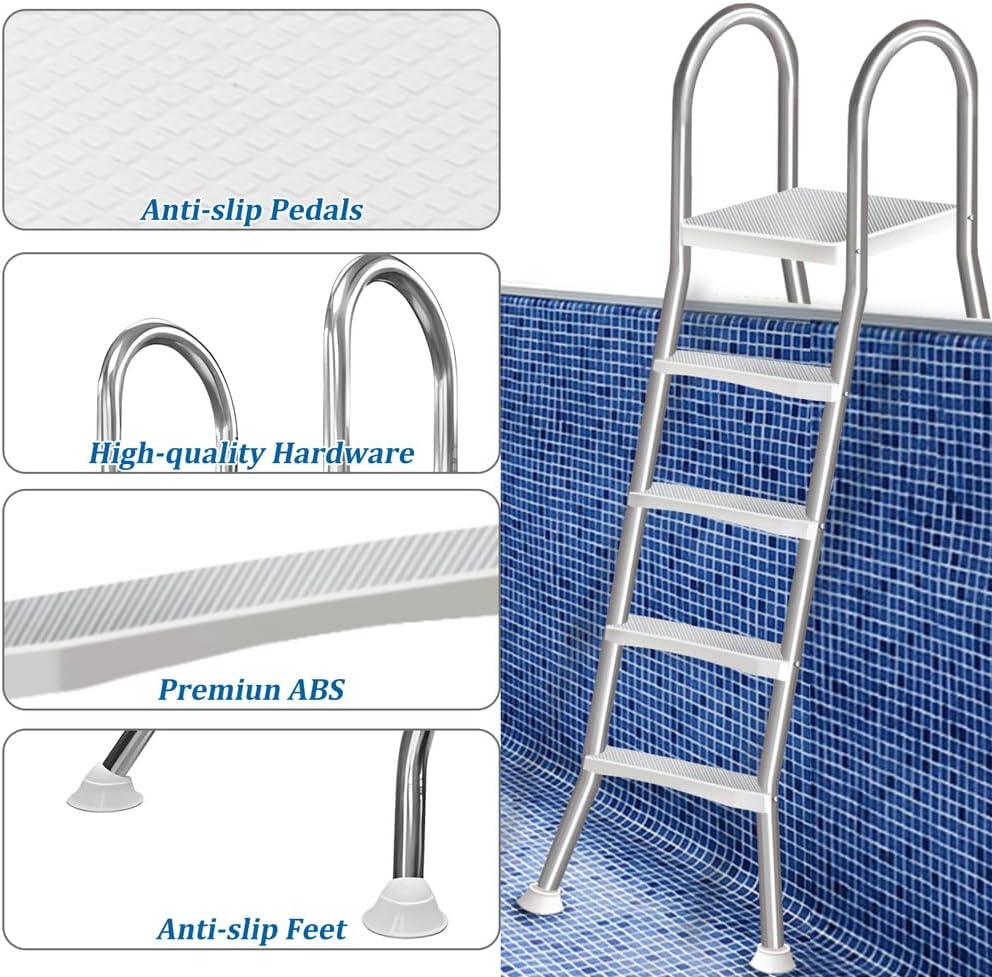 4 Stufige Poolleiter Edelstahl, Pooltreppe für Aufstellpool, Poolleiter 132 cm Poolhöhe, Pool Treppe, Poolstufen für Aufstellpools, Schwimmbadleiter Poolleitern 250 kg Tragkraft