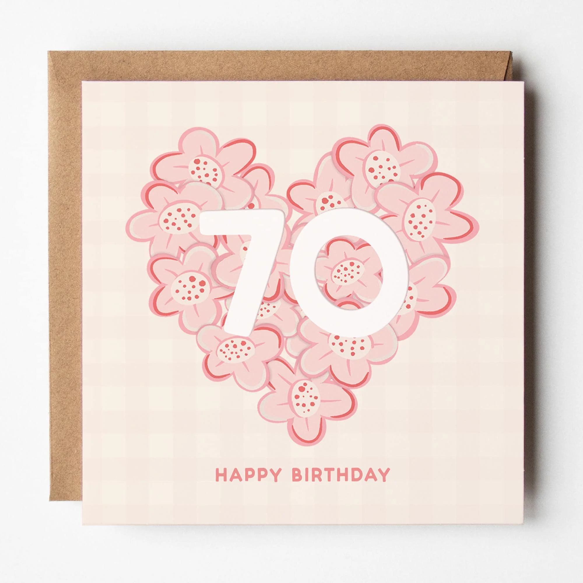 70th Birthday Card for Her; mum, granny, sister, friend, auntie, pretty, pink, with Kraft envelope