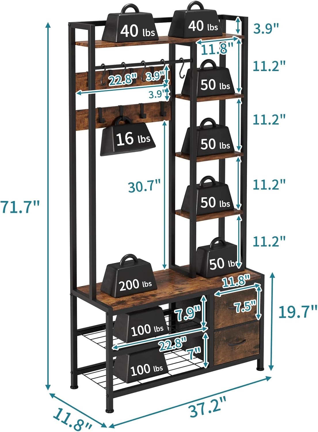 LUMTOK Hall Tree with Bench Storage and Shoes Storage, Hall Tree with Drawers and Shelves for Bedroom, 6-in-1 Entryway Organizer with Shelves, Living Room, Entryway, Closets (Rustic Brown)