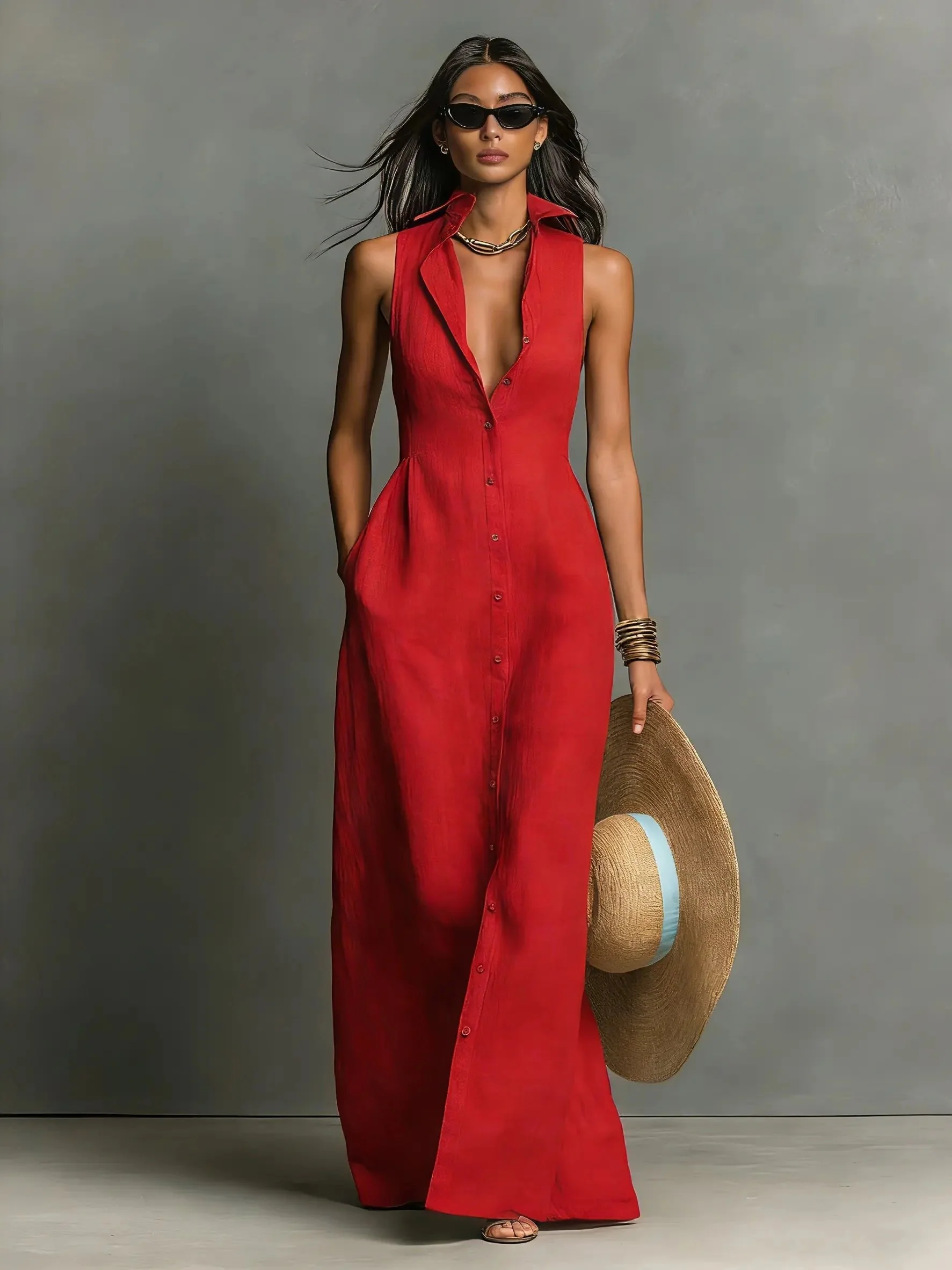 Women��s Sleeveless Maxi Dress Collared Button-Front Linen Design