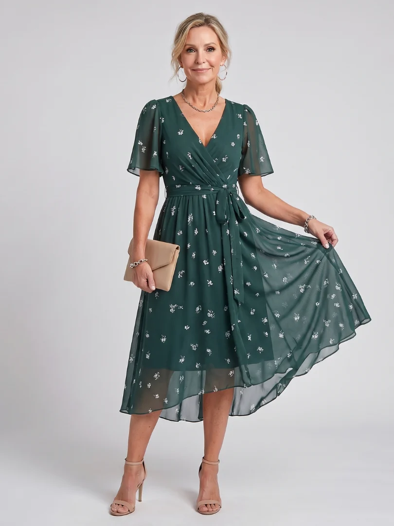 Womena??s Floral Midi Dress with Flutter Sleeves and Gathered Waist